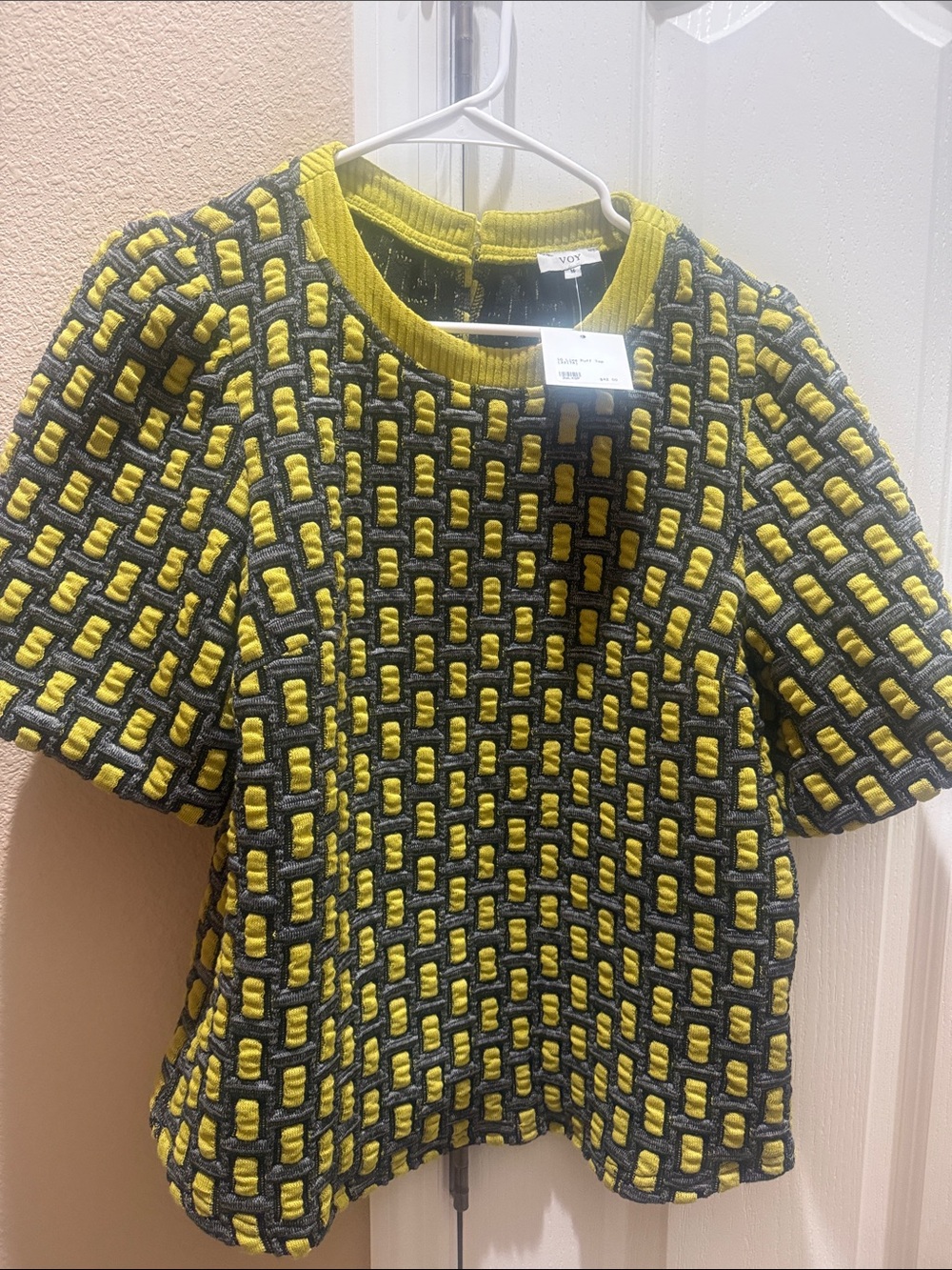 Voy, Women's Yellow & Gray Textured Short-Sleeve Top.  Bought in a boutique.